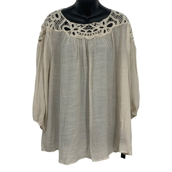Zac & Rachel Woman Plus Size Tunic Top 2X Crochet Yoke Blouse Beige Blouse New - Picture 1 of 11